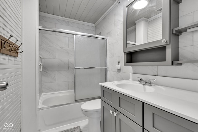 917 W Busby St, Lebanon, IN 46052 - full bath with vanity, bath / shower combo with glass door, tile walls, ornamental molding, and wood ceiling