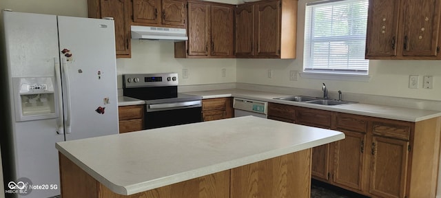 403 Bagley Ln, Indianapolis, IN 46231 - kitchen featuring white appliances, under cabinet range hood, a kitchen island, and light countertops