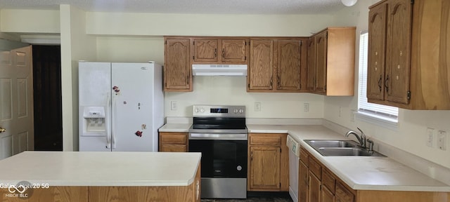 403 Bagley Ln, Indianapolis, IN 46231 - kitchen featuring white appliances, under cabinet range hood, brown cabinets, and light countertops