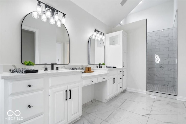 12208 Island Dr, Indianapolis, IN 46256 - full bath with double vanity, marble look tile flooring, a walk in shower, and vaulted ceiling