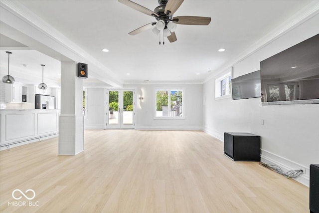 12208 Island Dr, Indianapolis, IN 46256 - unfurnished living room with a ceiling fan, light wood finished floors, recessed lighting, and crown molding