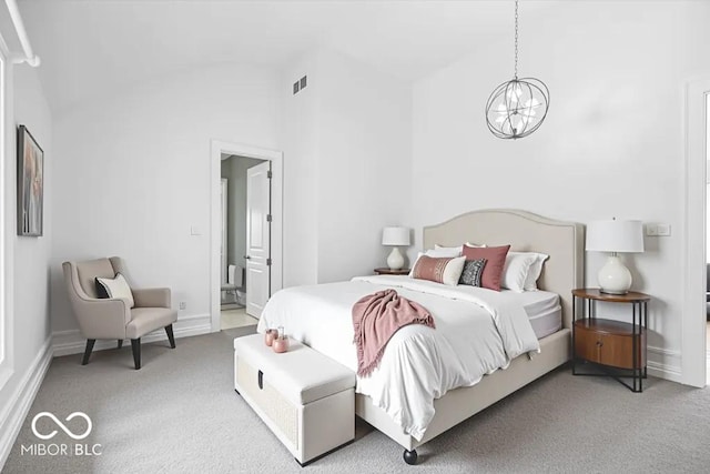 12208 Island Dr, Indianapolis, IN 46256 - bedroom featuring carpet, a chandelier, and lofted ceiling
