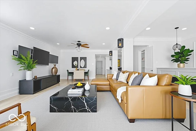 12208 Island Dr, Indianapolis, IN 46256 - living area with recessed lighting, a ceiling fan, and ornamental molding