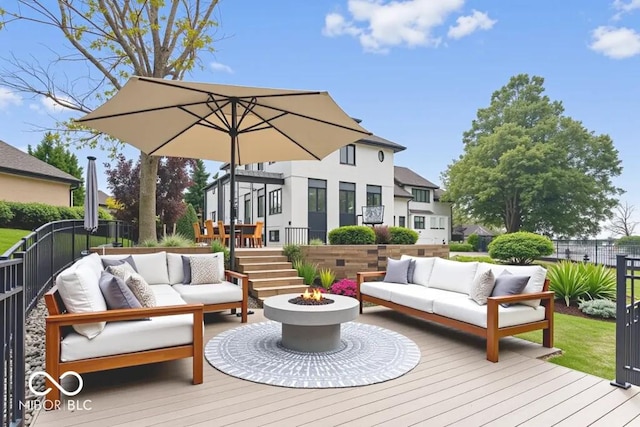 12208 Island Dr, Indianapolis, IN 46256 - wooden deck with an outdoor living space with a fire pit