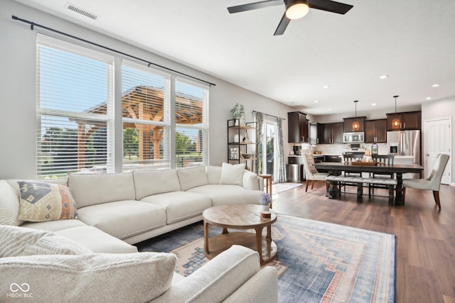 14453 Glapthorn Rd, Fishers, IN 46037 - living area featuring dark wood-style flooring, recessed lighting, and ceiling fan