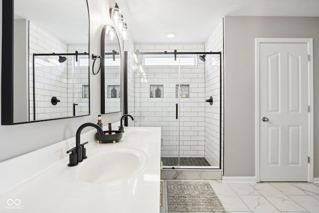14453 Glapthorn Rd, Fishers, IN 46037 - bathroom with a shower stall, double vanity, and marble look tiles
