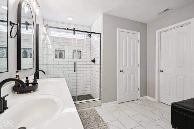 14453 Glapthorn Rd, Fishers, IN 46037 - bathroom with a shower stall, double vanity, and marble look tiles