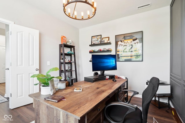 14453 Glapthorn Rd, Fishers, IN 46037 - office area featuring dark wood finished floors and a chandelier