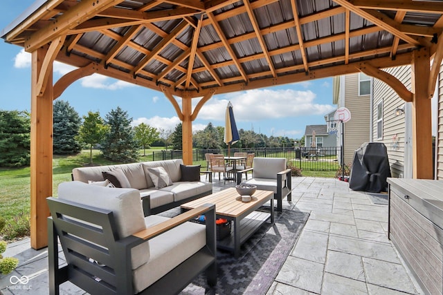 14453 Glapthorn Rd, Fishers, IN 46037 - view of patio / terrace with an outdoor hangout area, a gazebo, outdoor dining space, and a grill