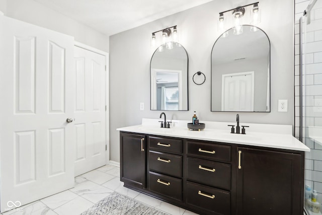 14453 Glapthorn Rd, Fishers, IN 46037 - bathroom with double vanity and marble look tile flooring