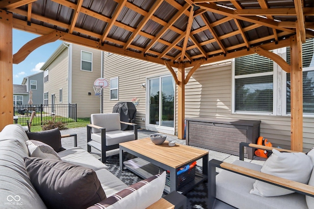 14453 Glapthorn Rd, Fishers, IN 46037 - view of patio / terrace featuring an outdoor living space, a gazebo, grilling area, and a hot tub