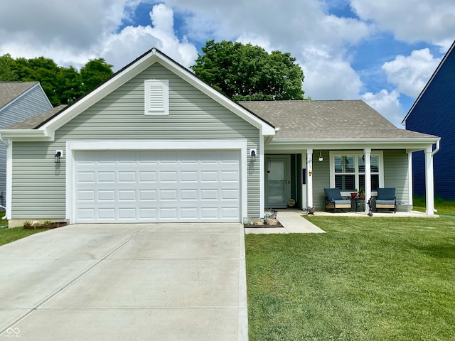 213 Drewood Dr, Trafalgar, IN 46181 - ranch-style house with concrete driveway, an attached garage, a front yard, covered porch, and roof with shingles