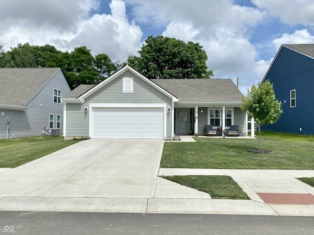 213 Drewood Dr, Trafalgar, IN 46181 - view of front of home featuring an attached garage, concrete driveway, a front yard, covered porch, and a shingled roof