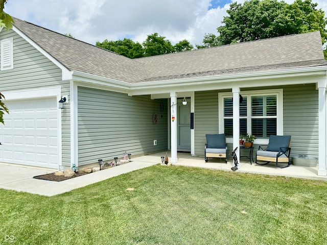 213 Drewood Dr, Trafalgar, IN 46181 - ranch-style house with a porch, a shingled roof, a front yard, and a garage