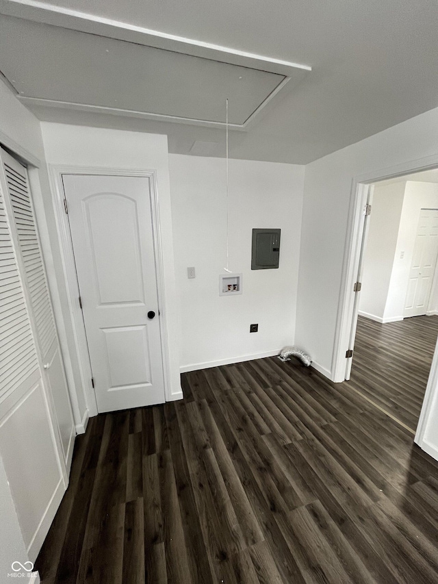 3201 W 22nd St, Indianapolis, IN 46222 - washroom with attic access, hookup for a washing machine, dark wood-style floors, and electric panel