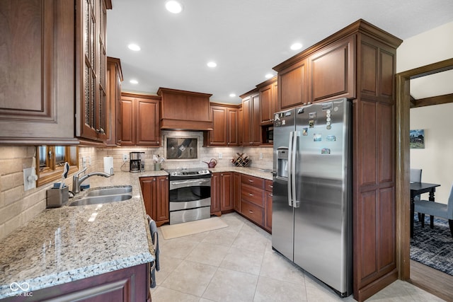 8525 Winding Ridge Rd, Indianapolis, IN 46217 - kitchen featuring appliances with stainless steel finishes, premium range hood, light stone countertops, tasteful backsplash, and recessed lighting