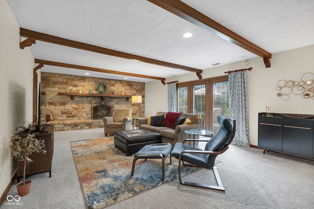 8525 Winding Ridge Rd, Indianapolis, IN 46217 - carpeted living area featuring beamed ceiling, recessed lighting, and a fireplace