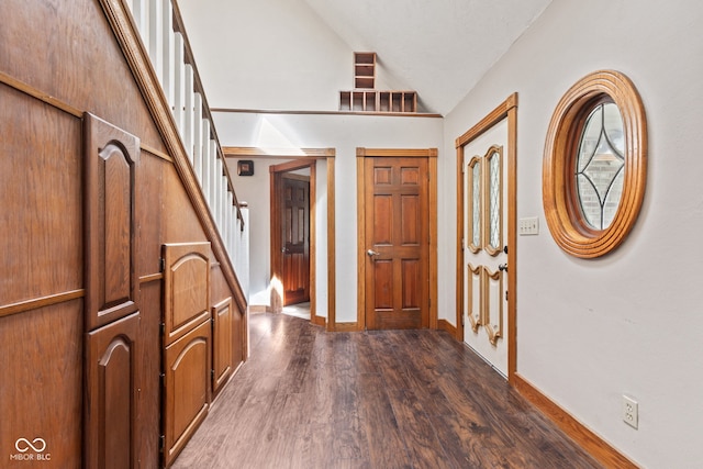 396 W 500 S, Anderson, IN 46013 - entryway featuring dark wood finished floors, vaulted ceiling, and stairway