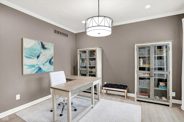3345 Kilkenny Cir, Carmel, IN 46032 - office space featuring light wood-style flooring, ornamental molding, and recessed lighting