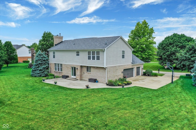 3345 Kilkenny Cir, Carmel, IN 46032 - back of property featuring concrete driveway, a chimney, a patio, a yard, and brick siding