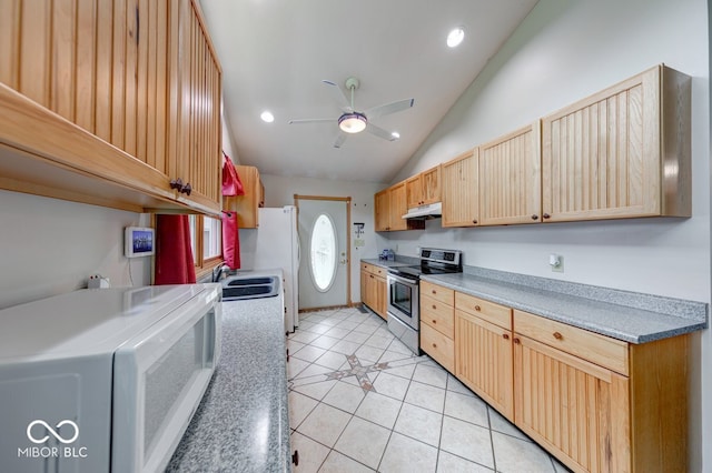 8635 S Providence Dr, Nineveh, IN 46164 - kitchen with white appliances, under cabinet range hood, vaulted ceiling, light tile patterned flooring, and a ceiling fan