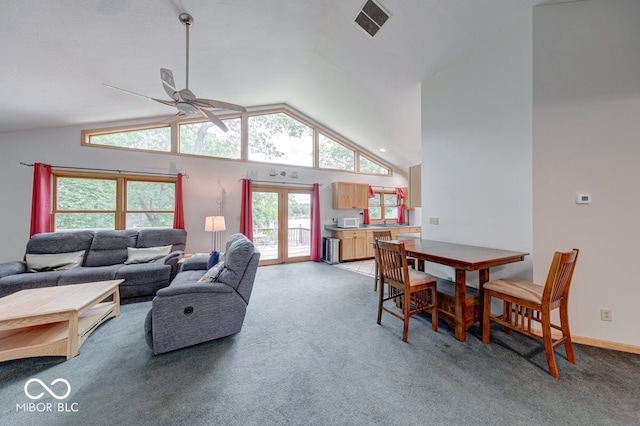 8635 S Providence Dr, Nineveh, IN 46164 - living area with vaulted ceiling, light carpet, and ceiling fan