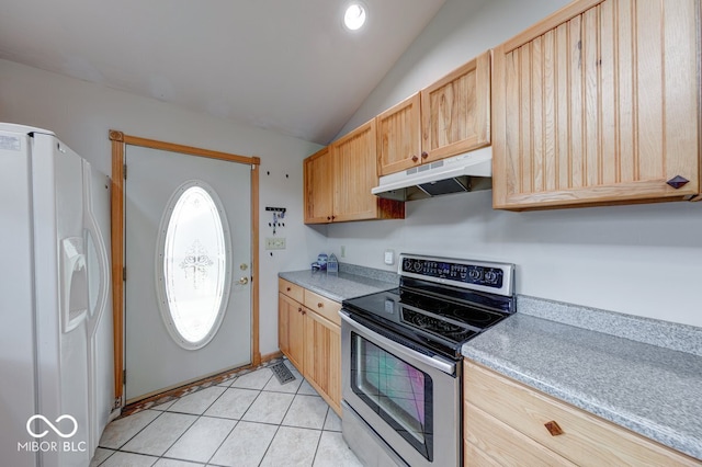 8635 S Providence Dr, Nineveh, IN 46164 - kitchen with stainless steel range with electric cooktop, white refrigerator with ice dispenser, under cabinet range hood, light brown cabinetry, and lofted ceiling