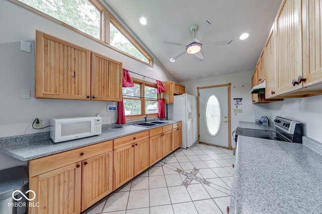 8635 S Providence Dr, Nineveh, IN 46164 - kitchen featuring white appliances, range hood, vaulted ceiling, light tile patterned floors, and a ceiling fan