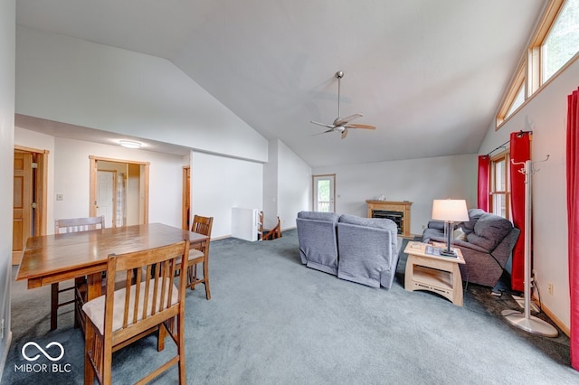 8635 S Providence Dr, Nineveh, IN 46164 - living room with vaulted ceiling, ceiling fan, carpet flooring, and a fireplace