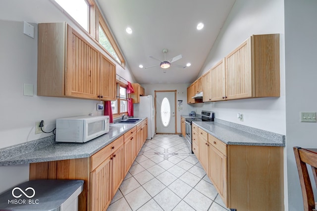 8635 S Providence Dr, Nineveh, IN 46164 - kitchen with white appliances, vaulted ceiling, light tile patterned floors, ceiling fan, and under cabinet range hood