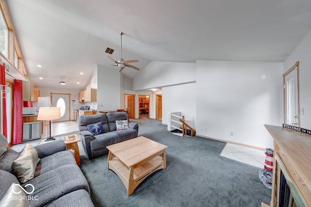8635 S Providence Dr, Nineveh, IN 46164 - living room with a ceiling fan, carpet flooring, recessed lighting, and high vaulted ceiling