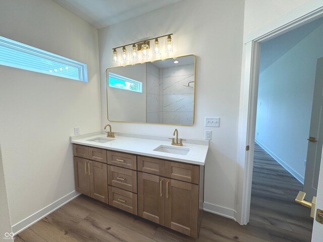 4726 Deacon Ln, Indianapolis, IN 46237 - bathroom with wood finished floors, double vanity, and a shower