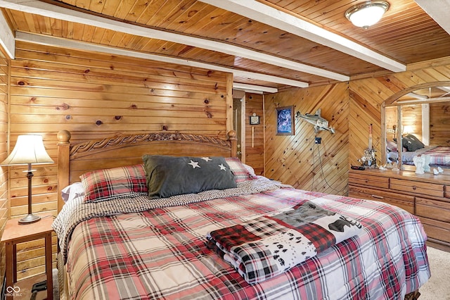 1155 Cope Rd, Martinsville, IN 46151 - bedroom with a wooden ceiling with exposed beams, carpet, and wood walls
