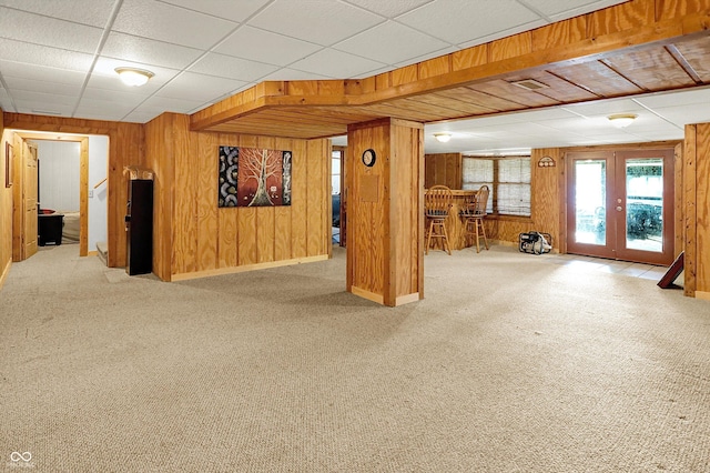 1155 Cope Rd, Martinsville, IN 46151 - below grade area featuring wood walls, carpet flooring, french doors, and a drop ceiling