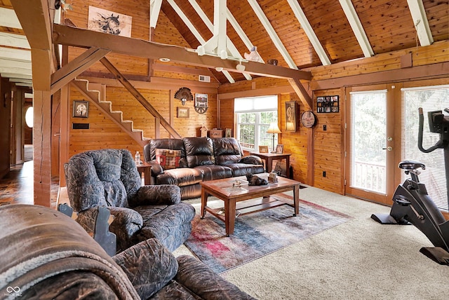 1155 Cope Rd, Martinsville, IN 46151 - living room with wood walls, stairway, carpet floors, a wood ceiling with exposed beams, and high vaulted ceiling