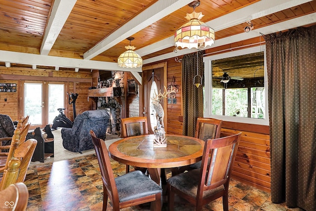 1155 Cope Rd, Martinsville, IN 46151 - dining room with healthy amount of natural light, wooden walls, a wooden ceiling with exposed beams, and french doors