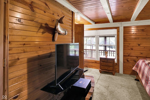 1155 Cope Rd, Martinsville, IN 46151 - carpeted bedroom with wood walls and a wood ceiling with exposed beams