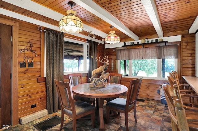 1155 Cope Rd, Martinsville, IN 46151 - dining area featuring wood walls, a wood ceiling with exposed beams, and stone finish floors