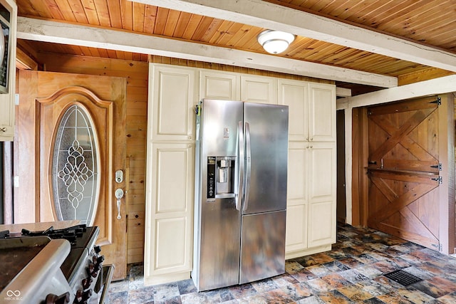 1155 Cope Rd, Martinsville, IN 46151 - kitchen with stainless steel fridge with ice dispenser, a wood ceiling with exposed beams, range with gas stovetop, stone finish floors, and wooden walls