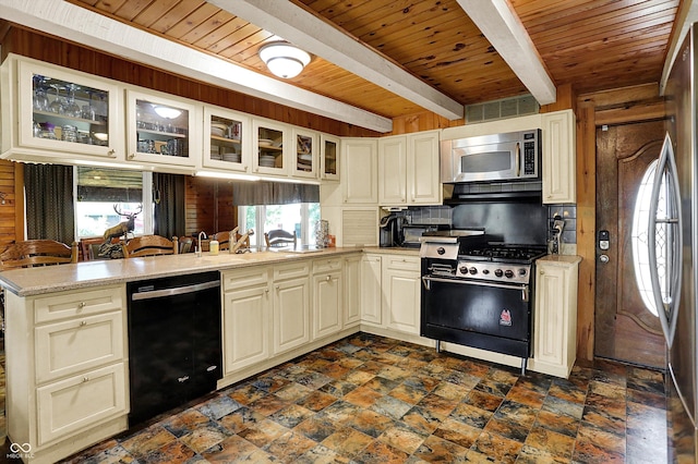 1155 Cope Rd, Martinsville, IN 46151 - kitchen with black appliances, a wood ceiling with exposed beams, decorative backsplash, glass insert cabinets, and a peninsula