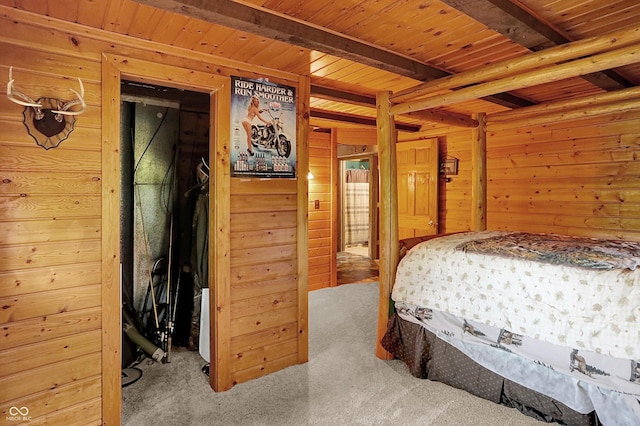 1155 Cope Rd, Martinsville, IN 46151 - carpeted bedroom featuring wood walls and a wood ceiling with exposed beams