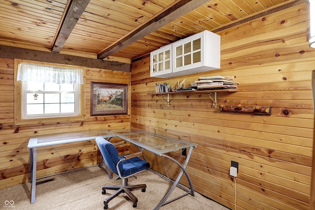 1155 Cope Rd, Martinsville, IN 46151 - office area featuring carpet, a wooden ceiling with exposed beams, and wooden walls