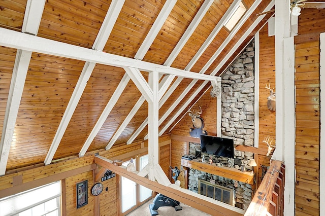 1155 Cope Rd, Martinsville, IN 46151 - unfurnished living room featuring wood ceiling, wood walls, and a ceiling fan