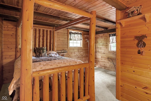 1155 Cope Rd, Martinsville, IN 46151 - unfurnished bedroom with wood walls, multiple windows, a wood ceiling with exposed beams, and carpet