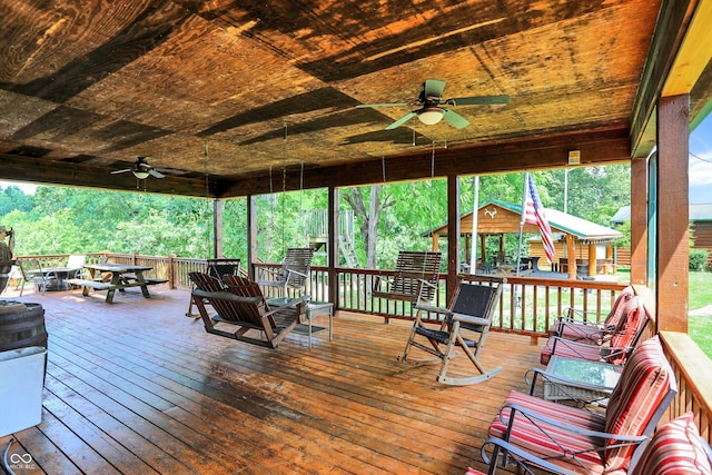 1155 Cope Rd, Martinsville, IN 46151 - wooden terrace with ceiling fan and outdoor dining area