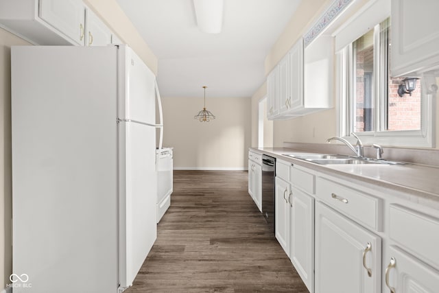 1309 Wyoming Way, Anderson, IN 46013 - kitchen featuring freestanding refrigerator, white cabinetry, light countertops, dark wood-style floors, and dishwasher