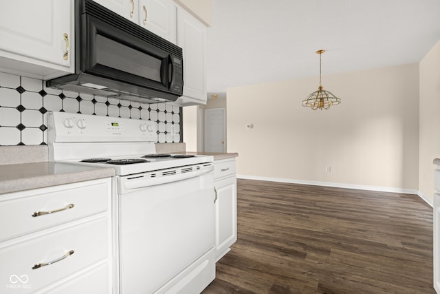 1309 Wyoming Way, Anderson, IN 46013 - kitchen with white electric range, black microwave, backsplash, dark wood-style floors, and white cabinetry