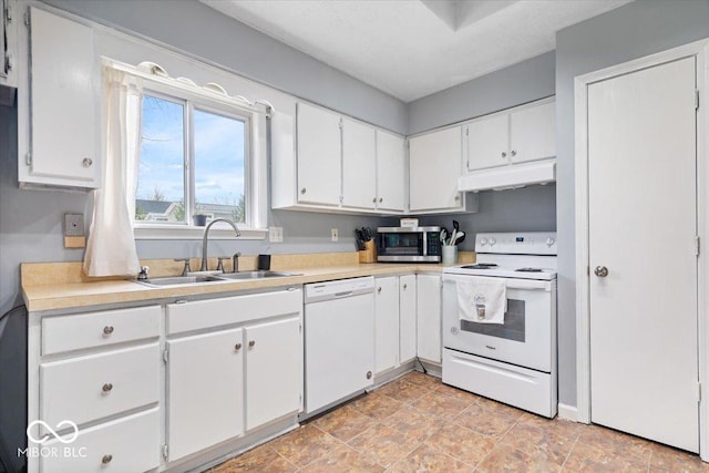 6120 E Southport Rd, Indianapolis, IN 46237 - kitchen featuring white appliances, under cabinet range hood, white cabinetry, and light countertops