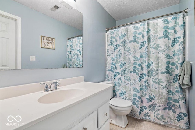 6120 E Southport Rd, Indianapolis, IN 46237 - full bathroom featuring vanity, a textured ceiling, tile patterned floors, and a shower with shower curtain