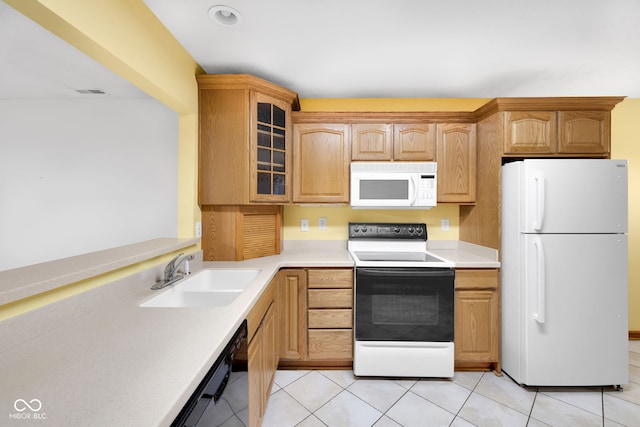 9735 Woodsong Ln, Indianapolis, IN 46229 - kitchen with white appliances, glass insert cabinets, light countertops, light tile patterned floors, and recessed lighting